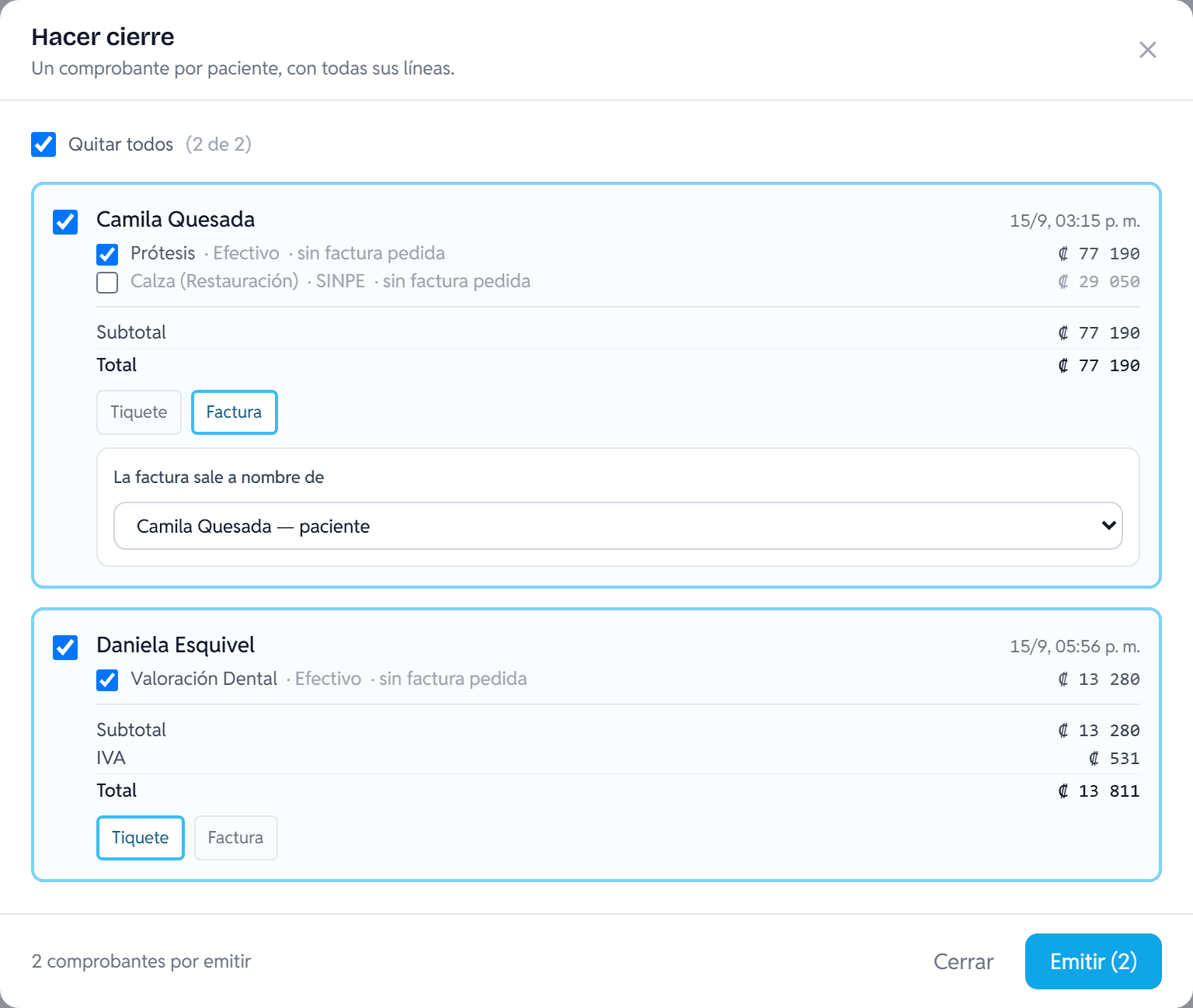 Diálogo Hacer cierre en Kiroku: un comprobante por paciente con sus líneas, subtotal, IVA y total, y los botones Tiquete y Factura
