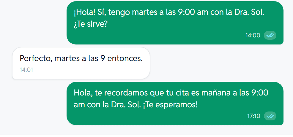 Conversación de WhatsApp en Kiroku: la clínica ofrece una hora, el paciente acepta y el día antes le llega solo el recordatorio de la cita